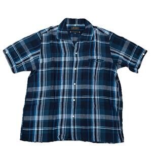BEAMS PLUS Linen Skipper Shirt Blue Madras Check Short Sleeve Size Large Japan